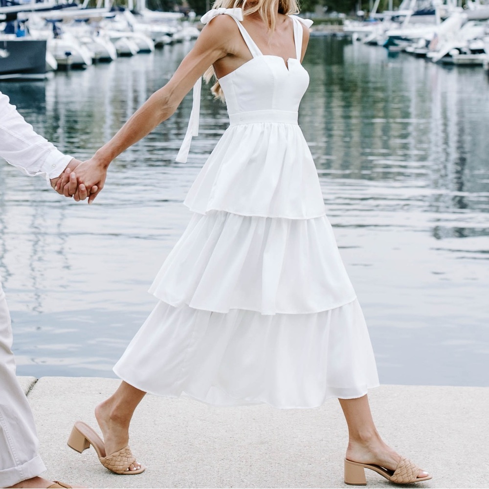 Lulu's Elegant White Layered Midi Dress